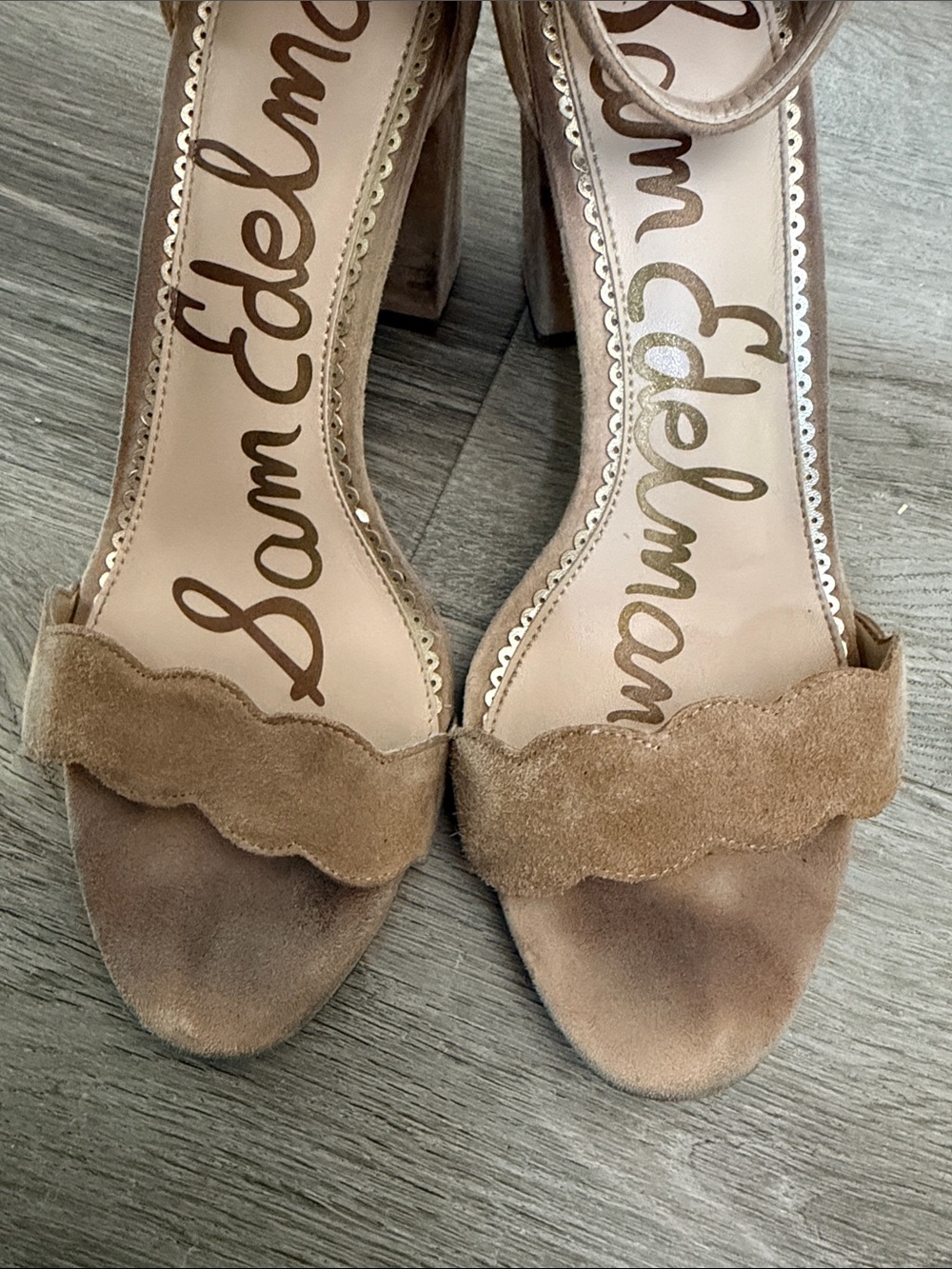 Sam Edelman Tan Suede Scalloped Ankle-Strap Block Heels - Picture 2 of 8